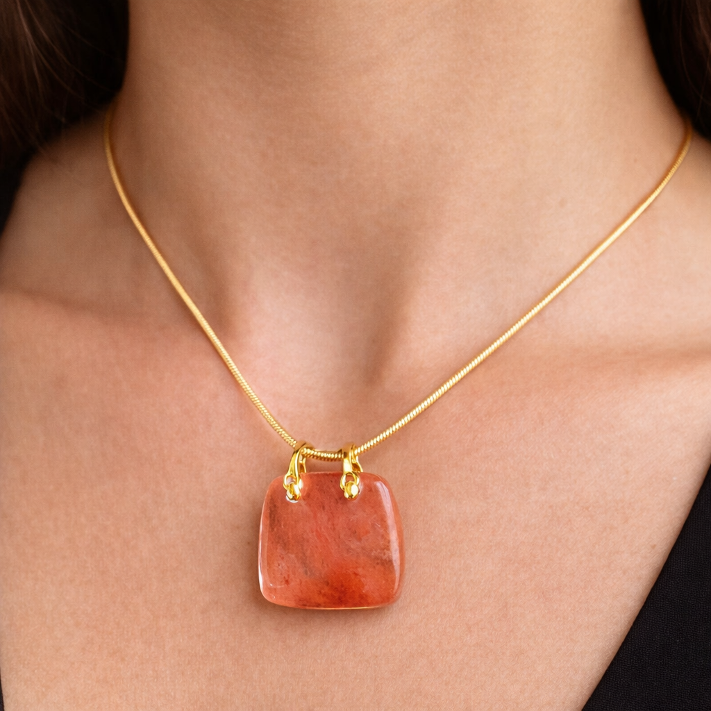Elegant Reddish Orange Stone Pendant Necklace with Gold Tone Snake Chain for Women