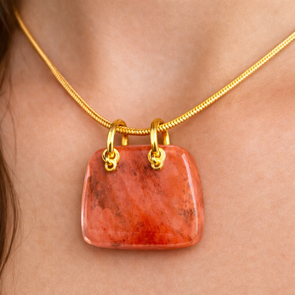 Elegant Reddish Orange Stone Pendant Necklace with Gold Tone Snake Chain for Women
